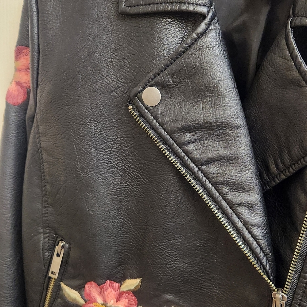 Jessica Simpson Black Leather Jacket with Pink Floral Embroidery - Picture 6 of 9